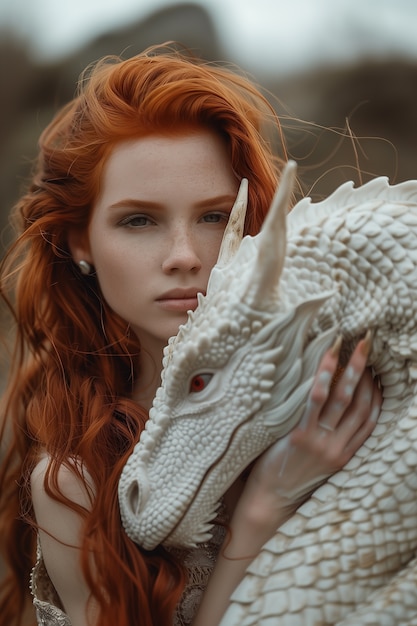 Beautiful woman with dragon fantasy scene