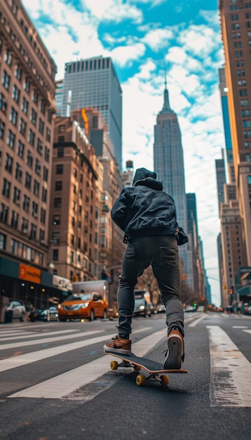 Dynamic Skateboarder Navigating New York City Streets with Iconic Skyscrapers and Landmarks