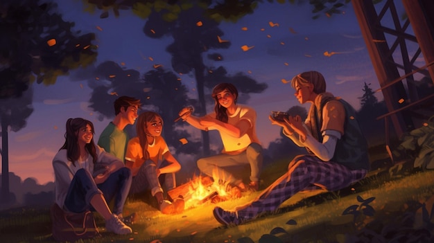 A group of friends gathered around a bonfire sharing stories and roasting marshmallows on a warm su