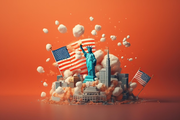 Illustrative of American Flag with The Statue of Liberty and city on red background Generative AI