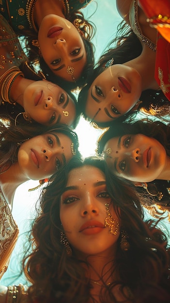 Indian Beauties in Circle Natural Light Portrait from Below