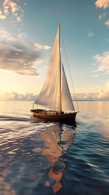 Serene Seascape with Classic Wooden Sailboat at Sunset Featuring Calm Waters and Vibrant Horizon