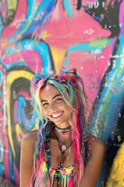 Smiling Woman With Colorful Hair and Makeup