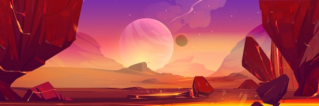 Space landscape illustration with red rocks