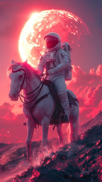 Spaceman riding a horse in outer space