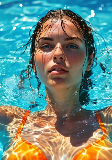 A woman with wet hair wearing an orange bikini top partially submerged in blue water