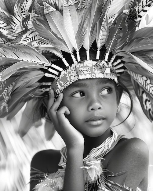 A young girl wears a intricate headdress a symbol of her tribe and a source of pride in her cultural