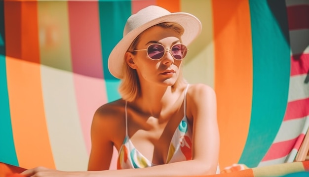 Young woman in sunglasses enjoys summer vacation generated by AI